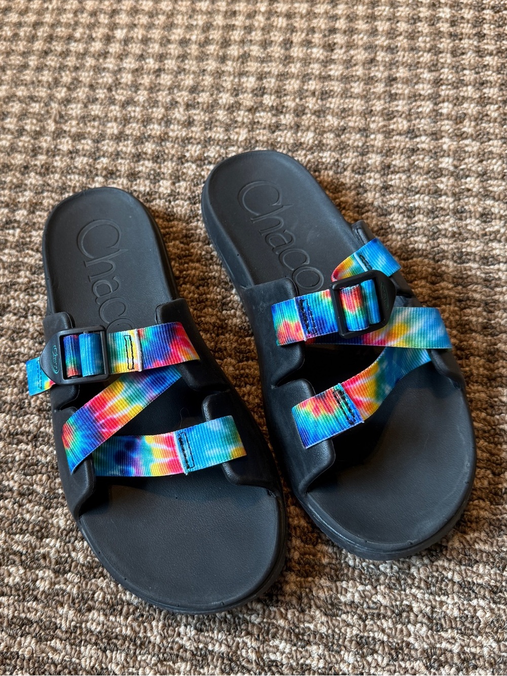 Chaco Black Slide Sandals with Rainbow Tie-Dye Straps